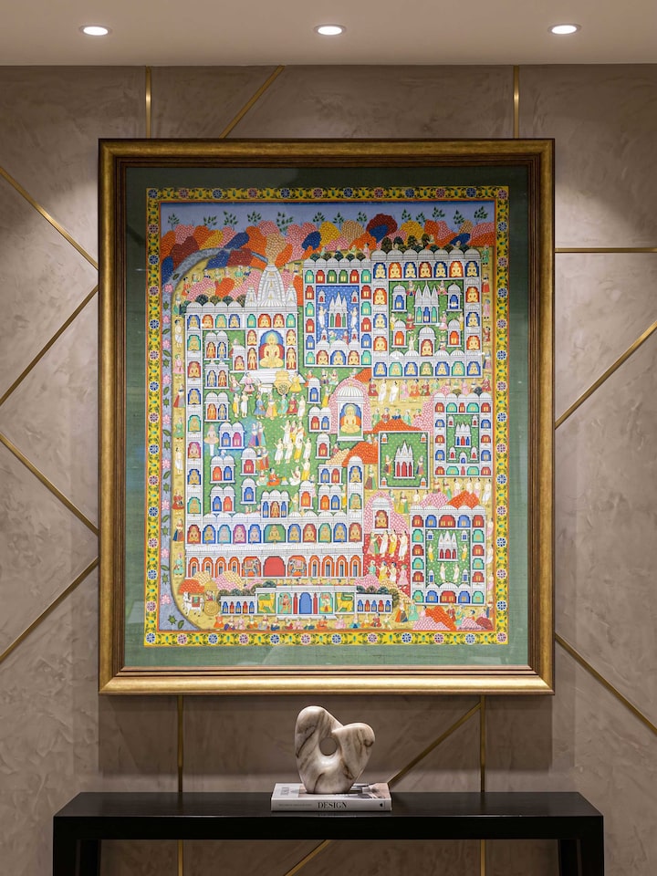 Styled view of Palitana Pat Pichwai Painting displayed against a styled backdrop