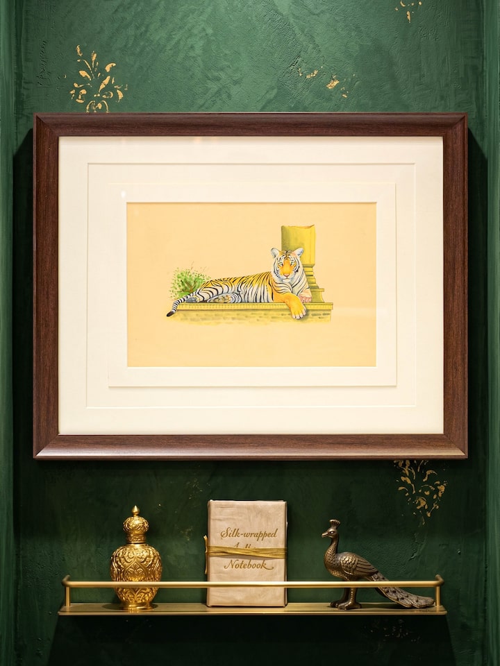 Styled view of Machali the Tigress Miniature Painting displayed against a styled backdrop