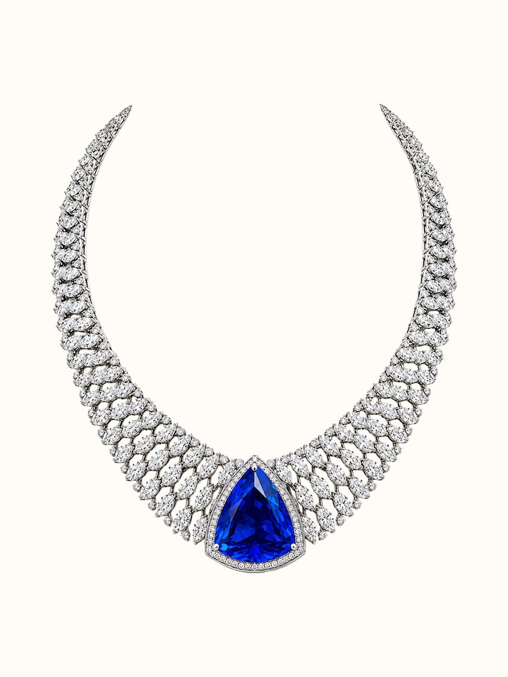 Detail view of Open Setting 14 Karat White Gold Set with Diamonds and Sapphires highlighting the stone setting and metalwork detail, from a differe...