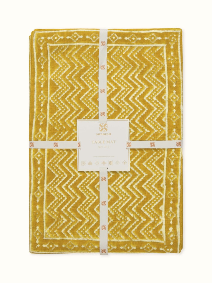 Puspita Ochre Cotton Dabu Hand Block Printed Table Mat (6 Pcs)