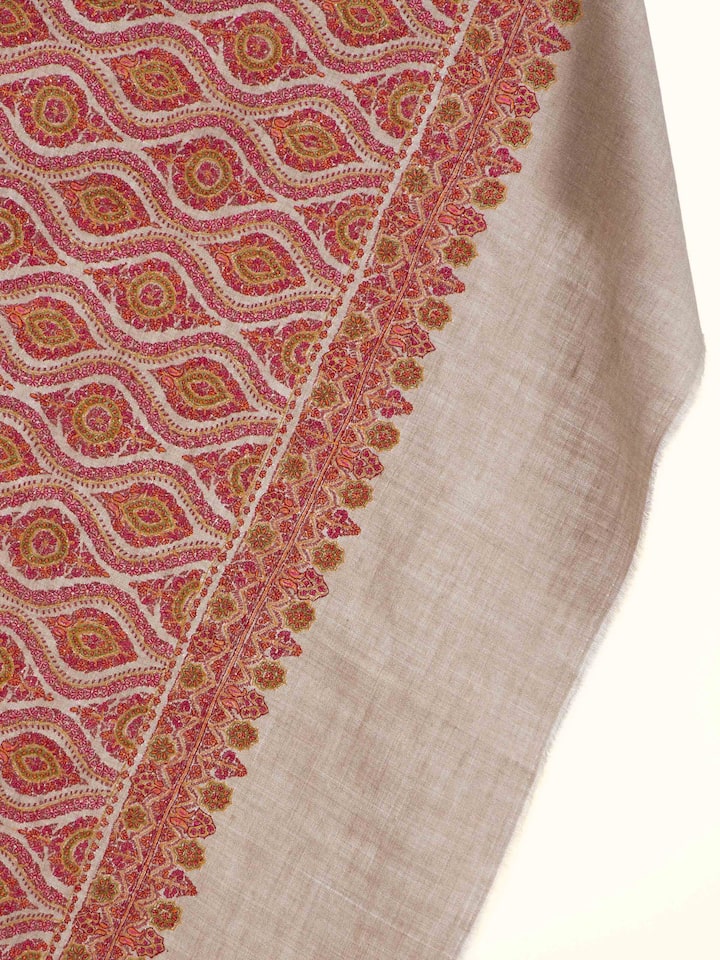 Detailed view of Natural Sozni Hand Embroidered Shawl focusing on the fine craftsmanship and texture