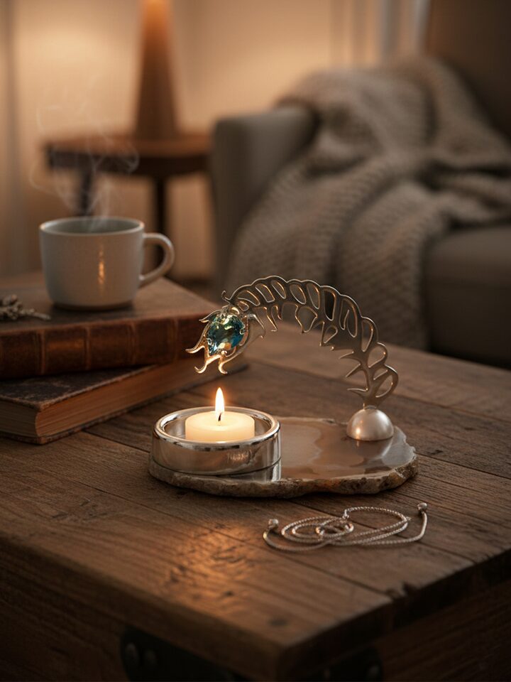 Silver-plated peacock feather T-light holder with blue gemstone and decorative detailing