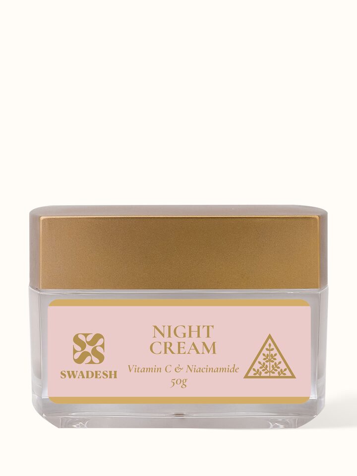 Close-up of Swadesh Night Cream with Vitamin C & Niacinamide, highlighting its rejuvenating and skin-brightening properties.