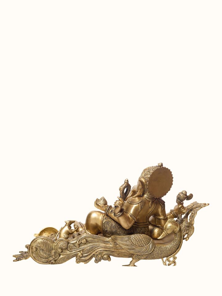 Back view of the Brass Ganesha Sitting Peacock Idol
