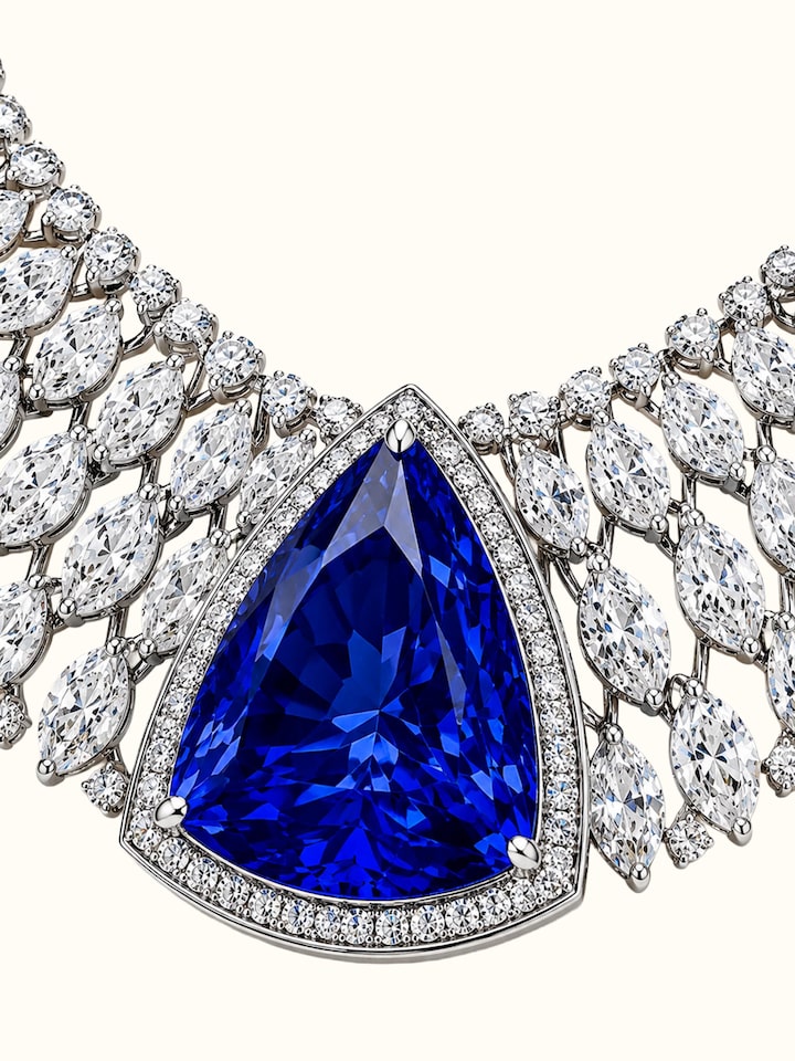 Detail view of Open Setting 14 Karat White Gold Set with Diamonds and Sapphires highlighting the stone setting and metalwork detail, in an alternat...