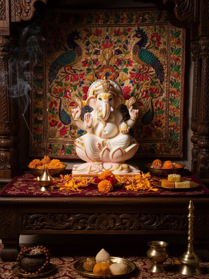 Left-side view of the Marble Carved Ganesha Idol
