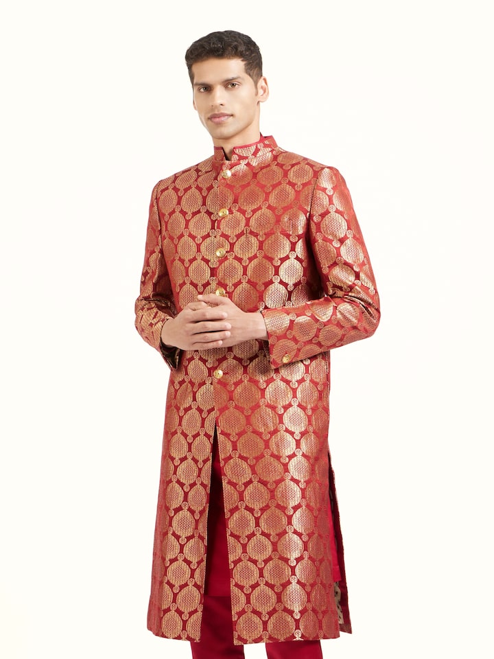 Angled view of maroon silk Banarasi butidar sherwani showcasing overall design