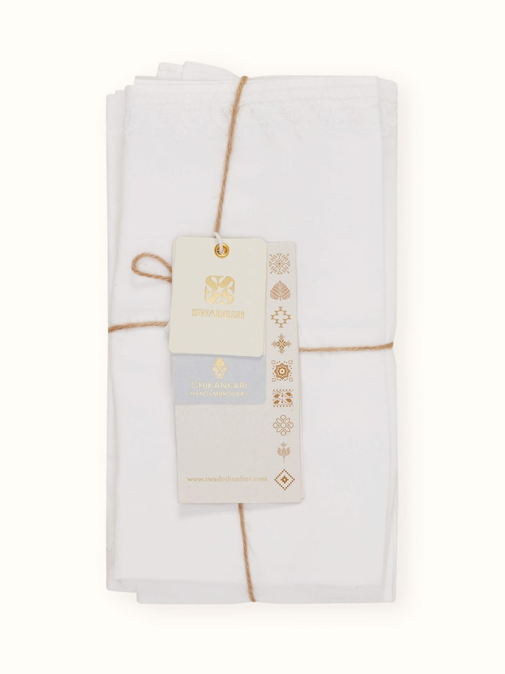 Shubra White Solid Cotton Chikankari Hand Embroidery Dinner Napkins (6 Pcs)