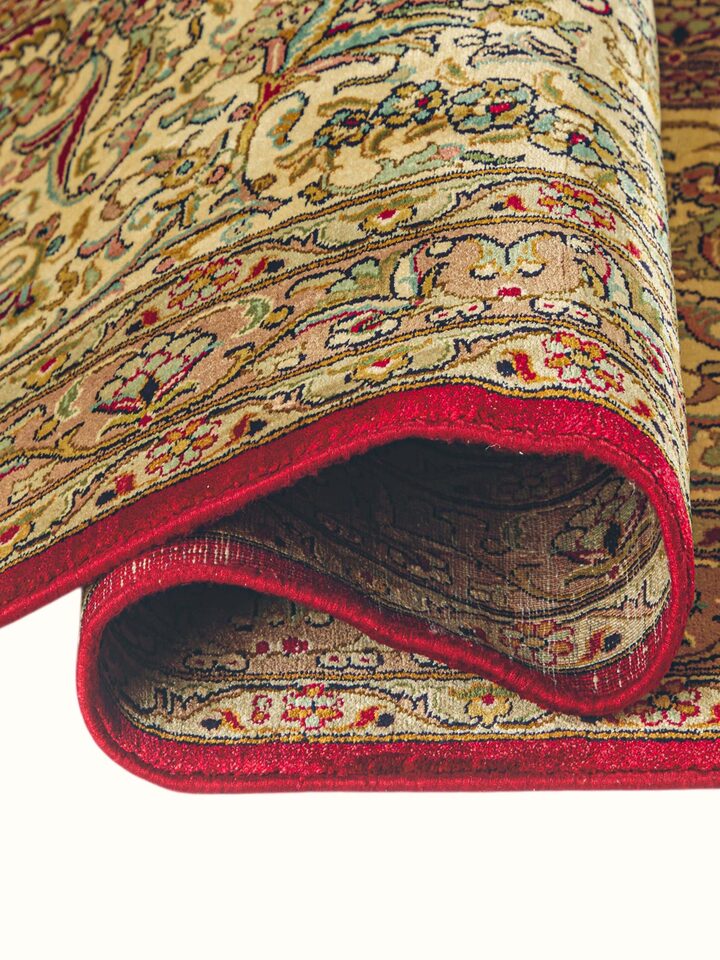 Traditional Persian Red Ivory Kashan Kashmir Silk Hand-Knotted Carpet