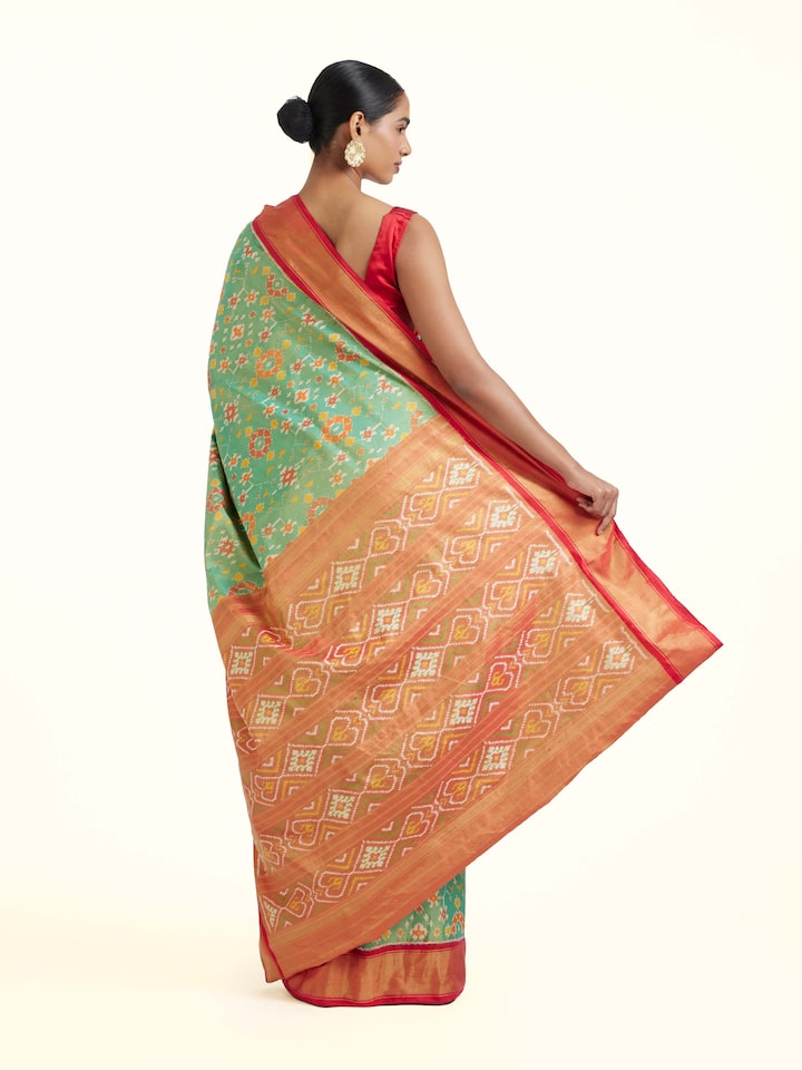 Back view of Brown Pochampally Ikat Silk Saree emphasizing the overall design and fine details