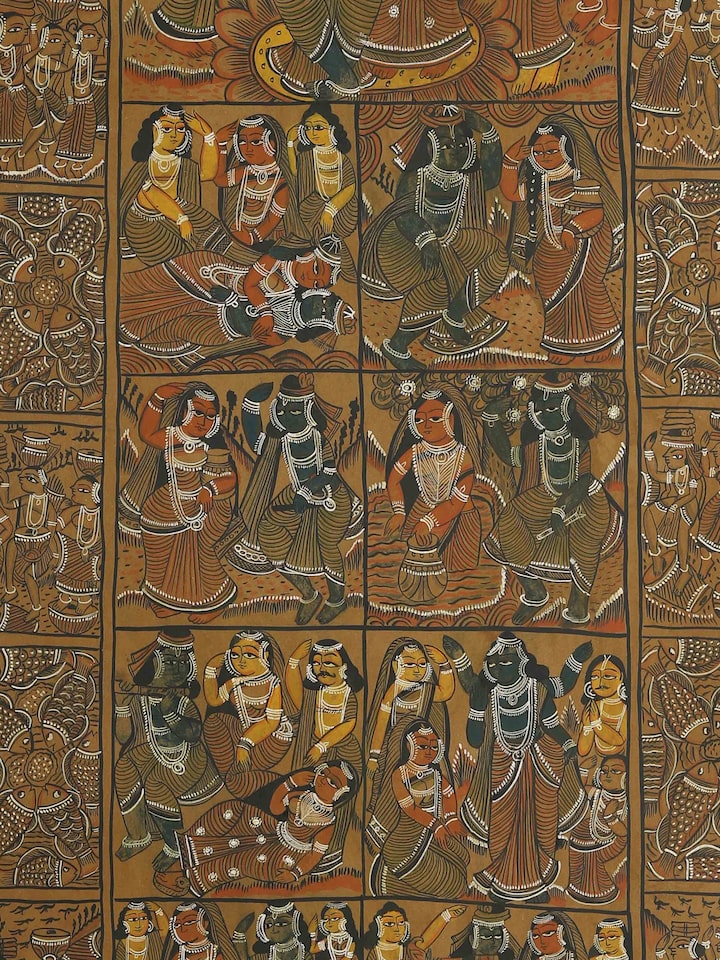 Detail close-up of Krishna story Kalighat painting showing brushwork and colors