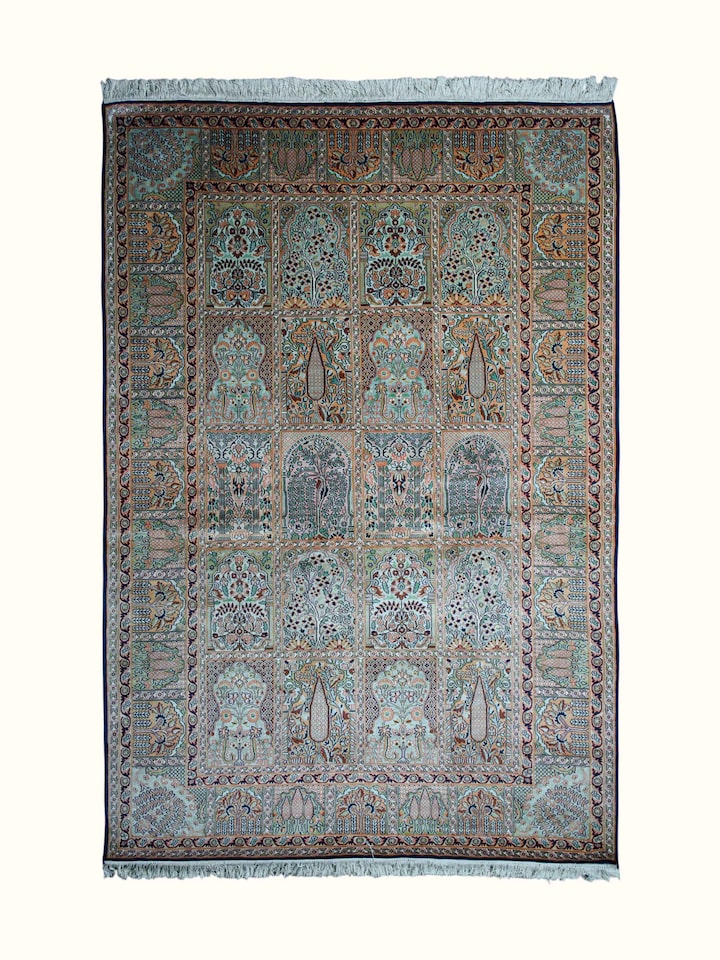 Front view of the Swadesh Traditional Persian Rust Hamadan Kashmir Silk Hand-Knotted Carpet
