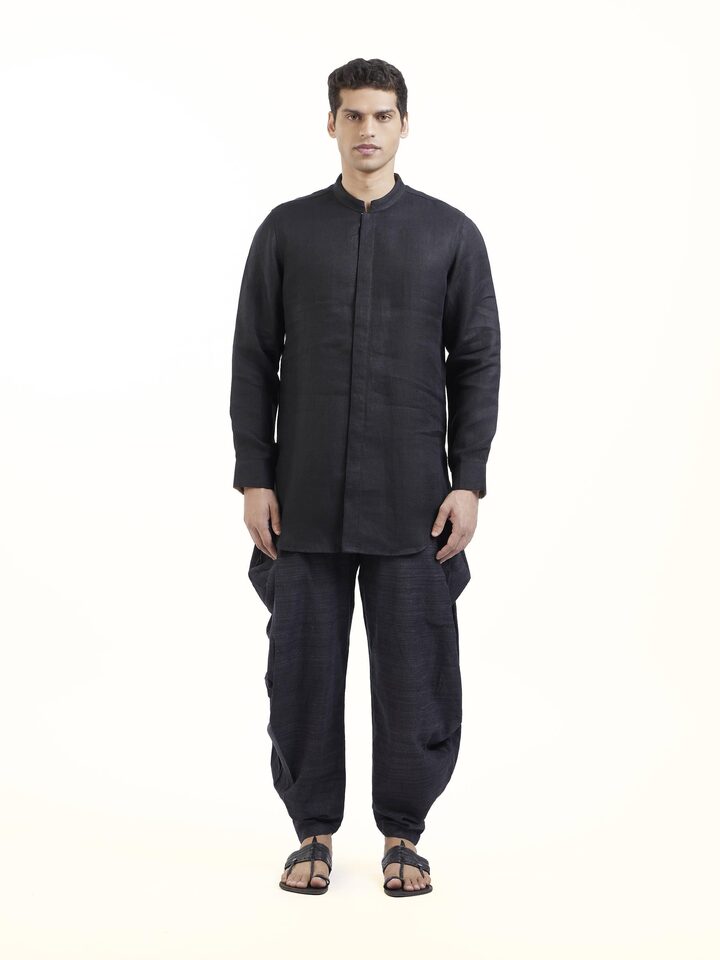 Black Linen Handloom Kurta Set