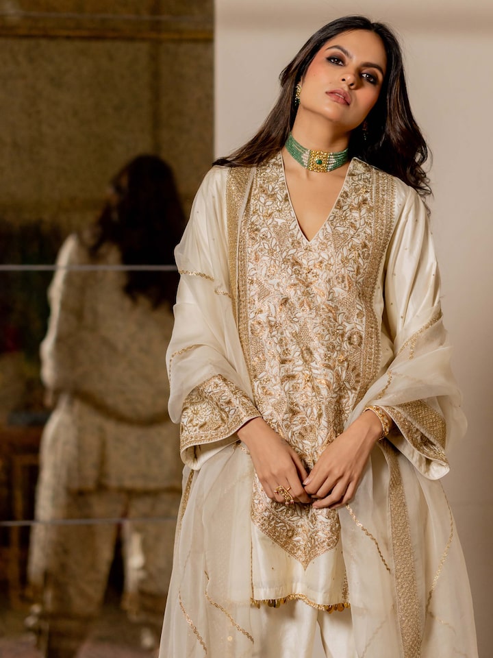 Alternate angled view of the Off-white Silk Long Yoke Hand Embroidered Kurta Set (2 Pcs)
