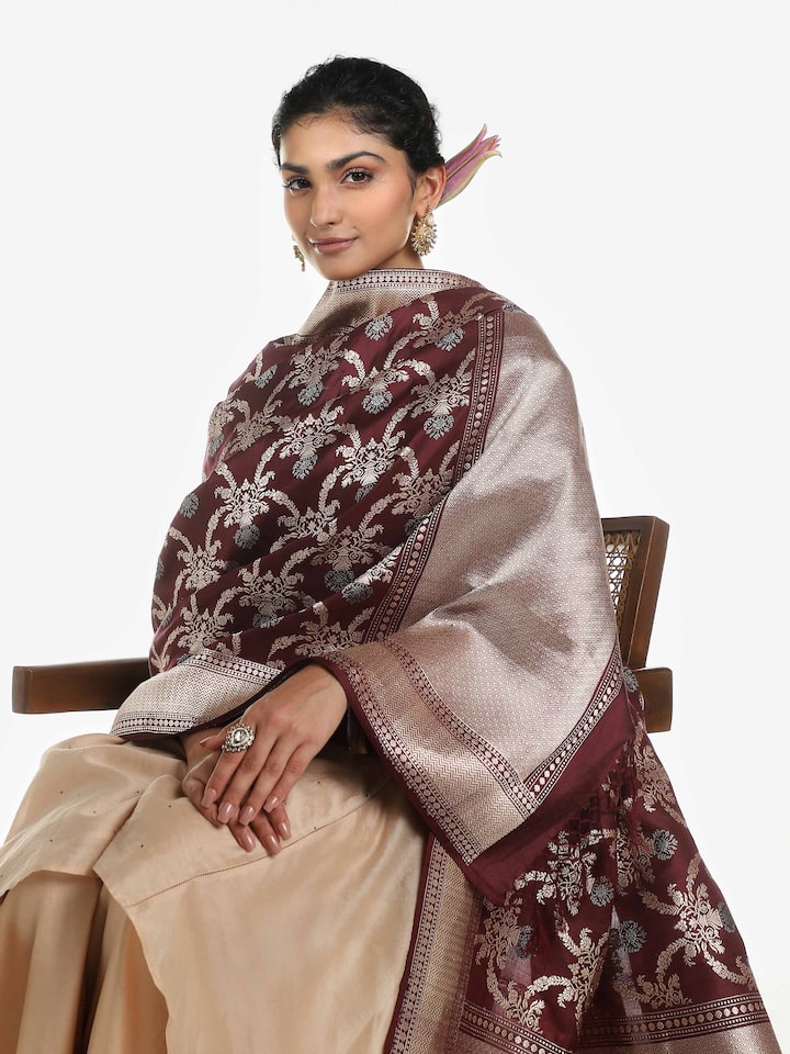 Side view of brown silk Banarasi dupatta with detailed woven pattern