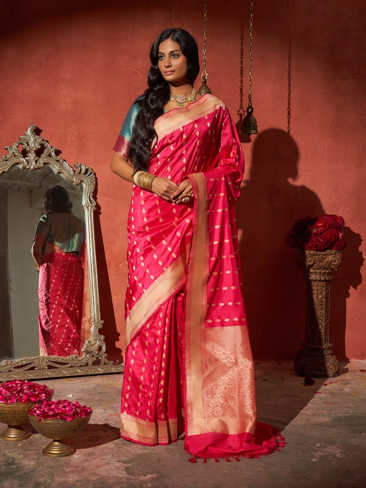 Side view of purple mulberry katan silk Banarasi saree with elegant drape and border