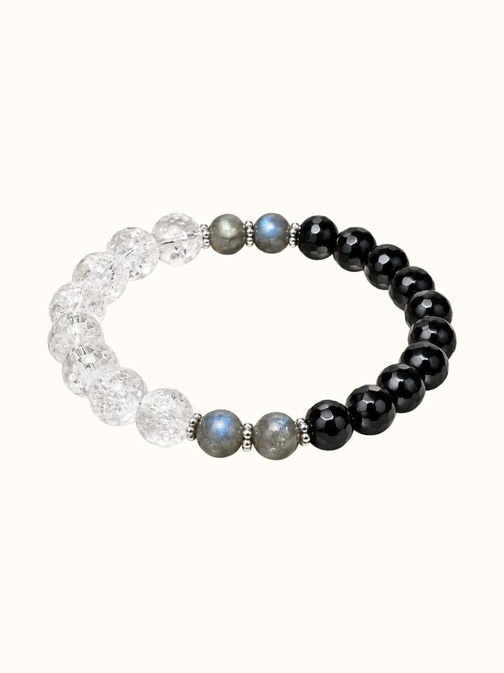 Close-up view of Gemstone Black Onyx, Labradorite & Crystal Bead Silver Bracelet highlighting the stone setting and metalwork detail
