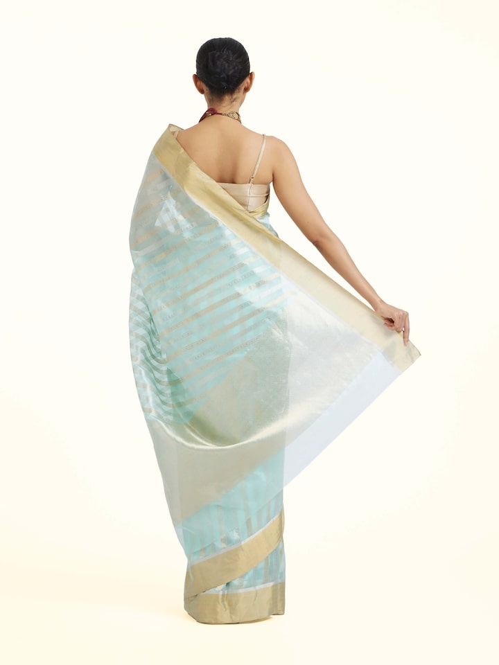 Back view of Light Blue Chanderi Jal Saree emphasizing the overall design and fine details