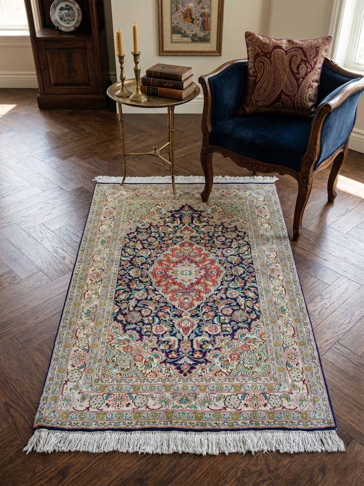 Lifestyle view of the Traditional Persian Navy Kashan Kashmir Silk Hand-Knotted Carpet