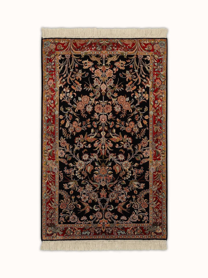 Traditional Persian Black Garden Kashmir Silk Hand-knotted Rug