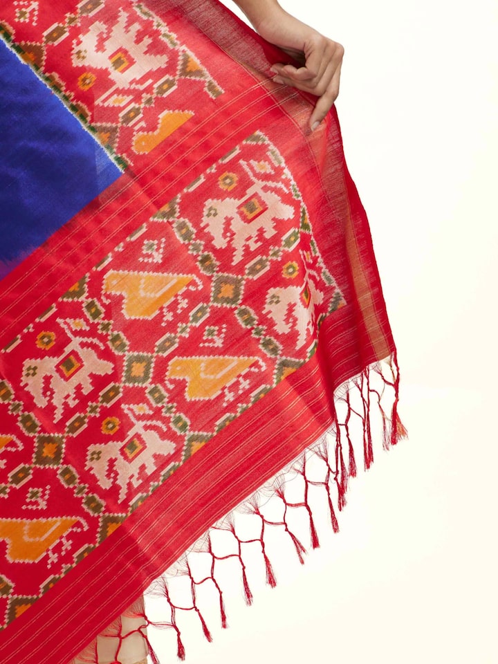 Detail view of the Blue Silk Pochampally Weft Ikat Dupatta