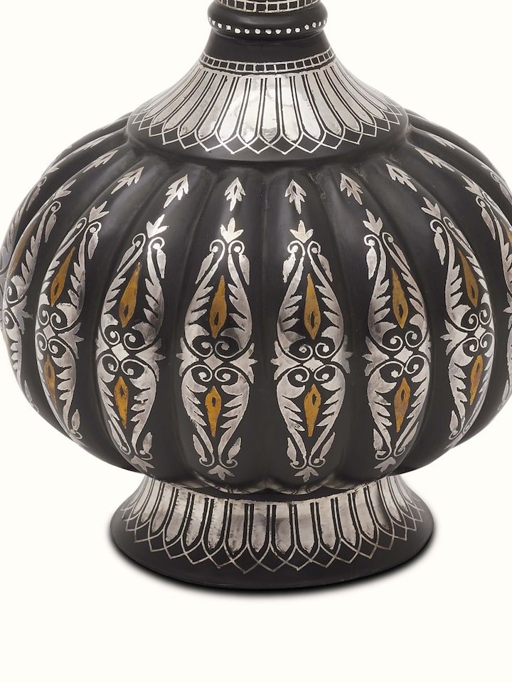 Detailed view of Bidri Zinc & Silver Big Vase by Swadesh emphasizing the fine Bidri work and shiny metallic surface.