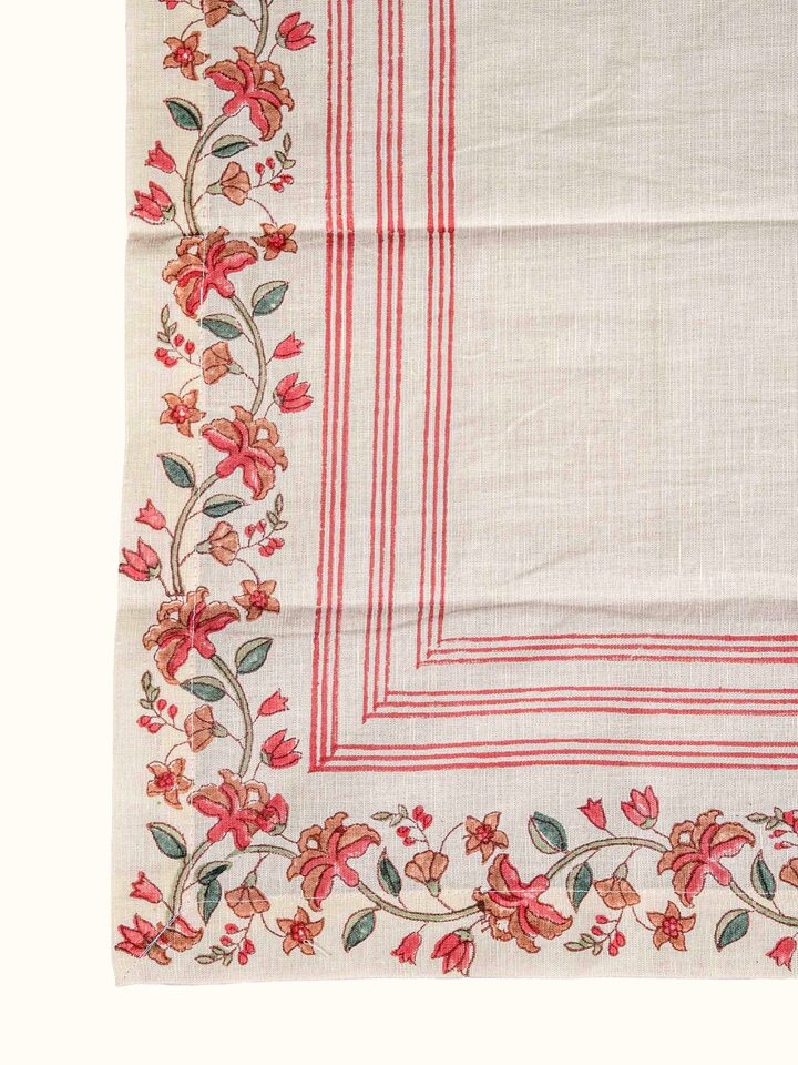 Detail view of Palampore Red Hand Block Sanganeri Print Cotton Linen Dinner Napkin (6 Pcs) highlighting the fabric texture and embroidery detail, f...