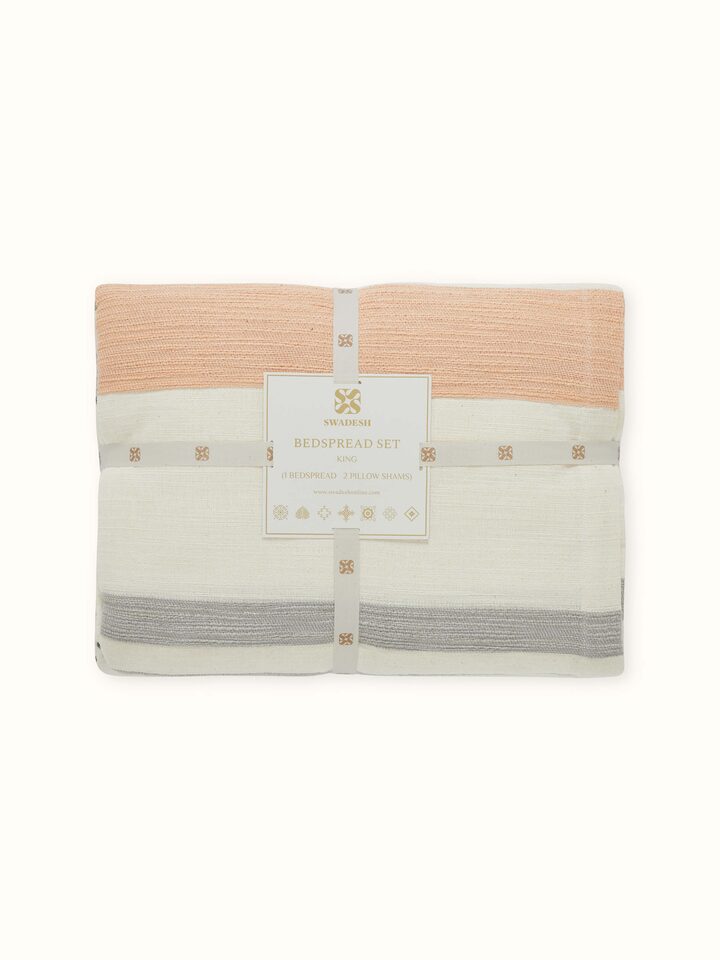 Detailed top view of bedspread fabric texture and handwoven pattern continuity.