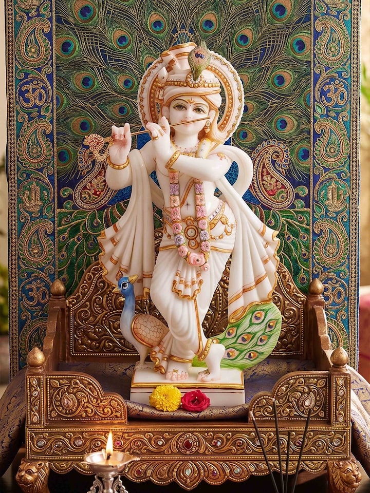Left-side view of the Carved Marble Krishna Idol