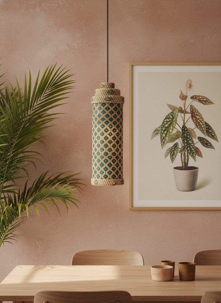 Kanshi basketry natural fibre pendant light in teal color with handcrafted weave