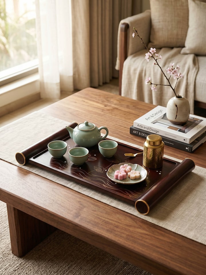 Styled view of Kamal Tarkashi Teak Wood Tray Large styled in a home setting