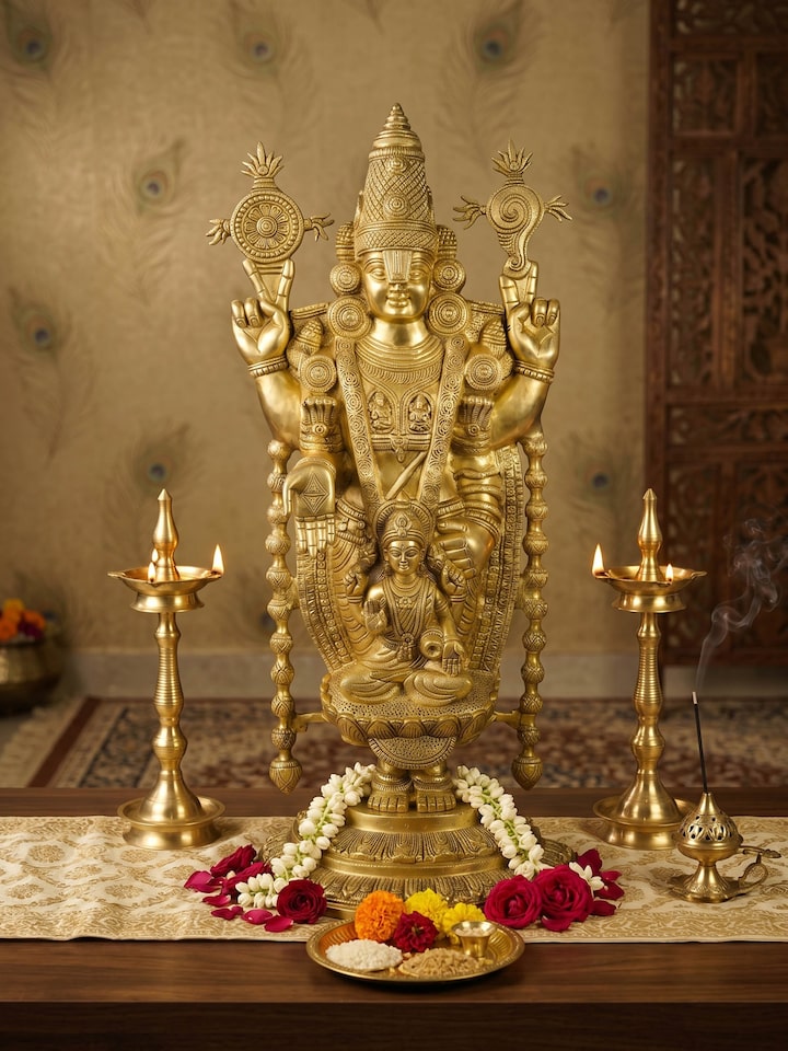 Styled view of Brass Balaji Lakshmi Standing Idol styled in a home setting