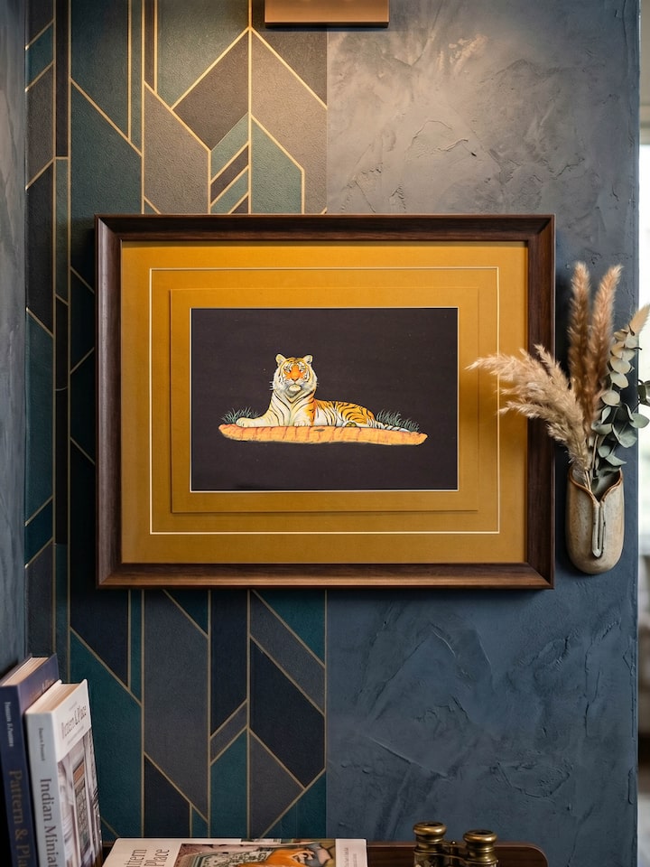 Styled view of Tiger Miniature Painting displayed against a styled backdrop