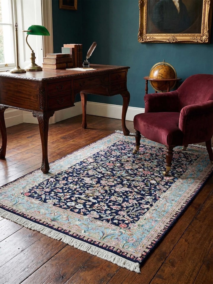 Lifestyle view of the Traditional Persian Navy Floral Allover Kashmir Silk Hand-Knotted Carpet