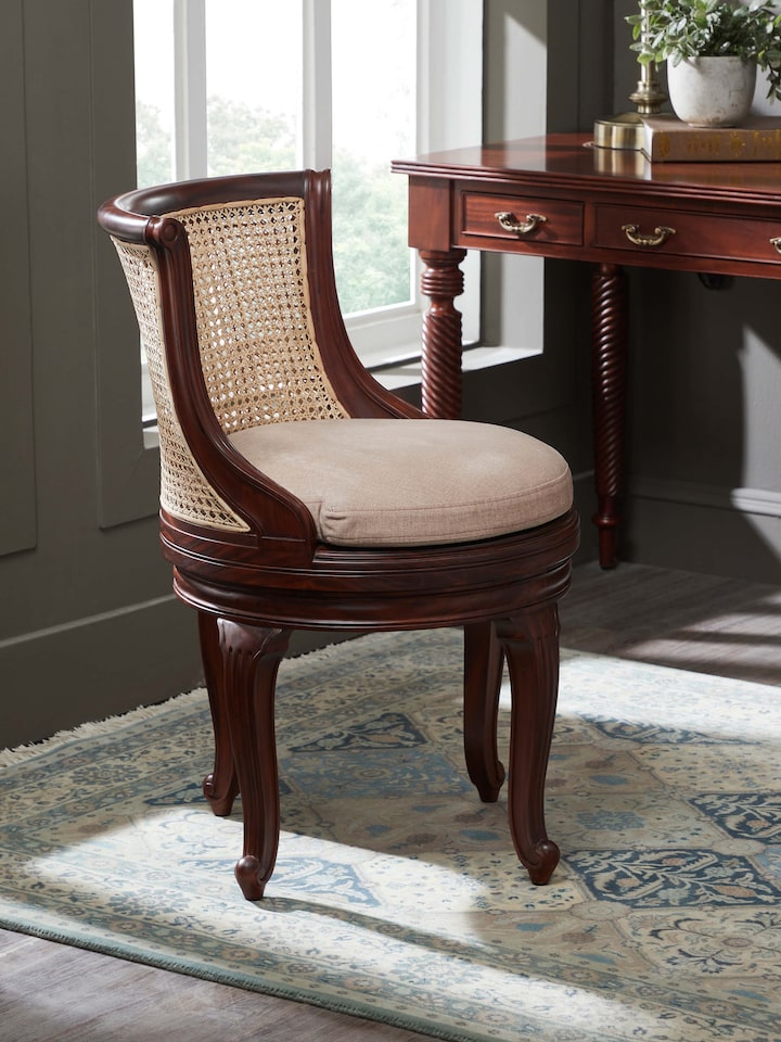 Side view of upholstered Mahogany wood study chair showcasing clean lines and elegant wooden arms