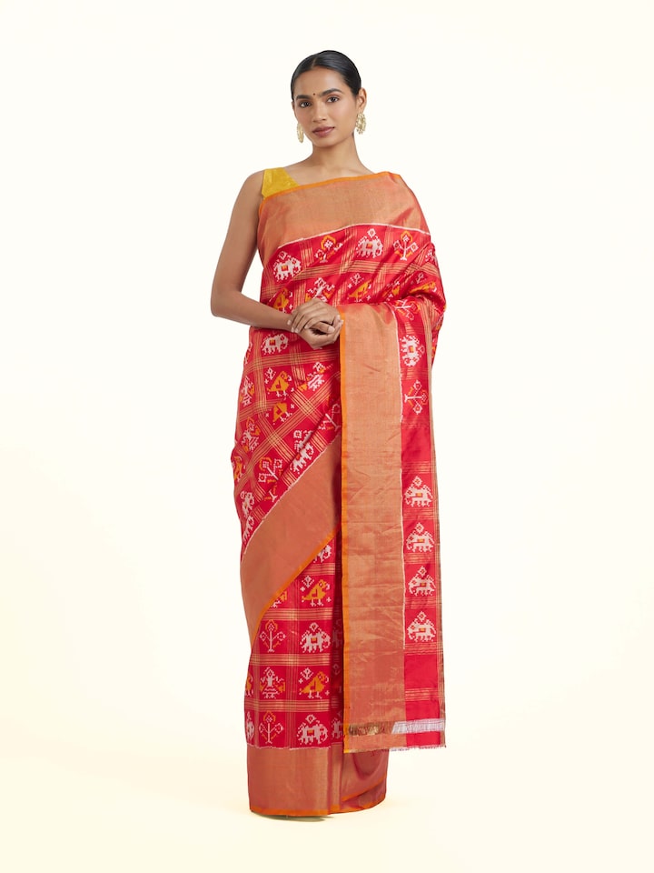 Front view of Red Pochampally Ikat Silk Saree showcasing its traditional craftsmanship and design