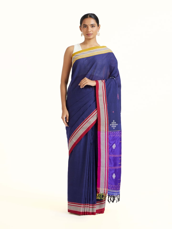 Front view of Blue Cotton Silk Kasuti Embroidered Saree showcasing its traditional craftsmanship and design