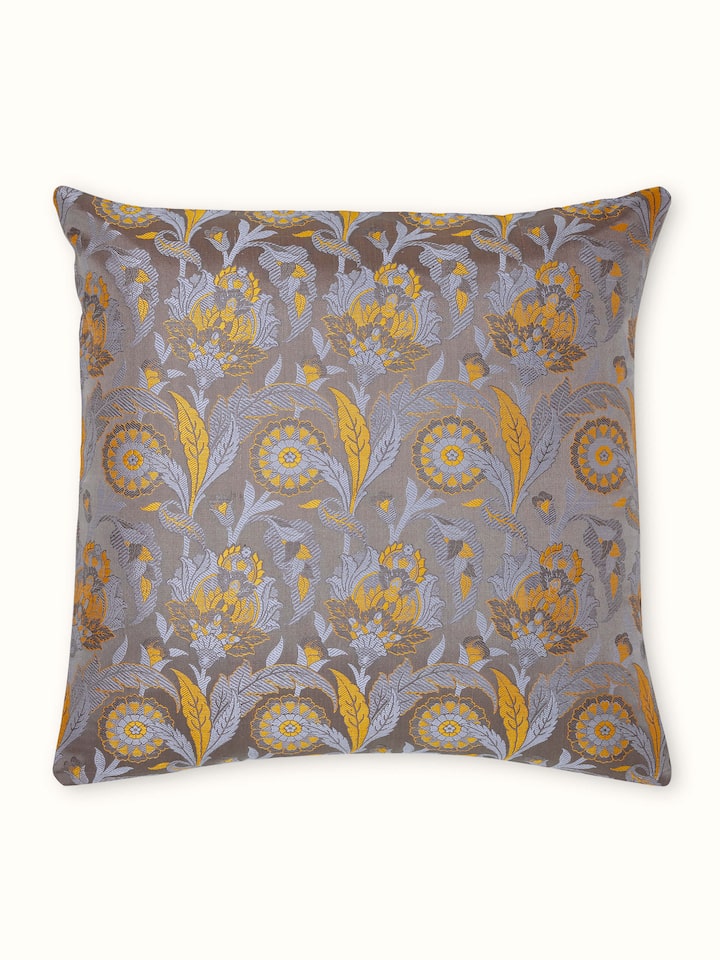 Mandara Grey Floral Silk Tanchoi Banarasi Handloom Cushion Cover