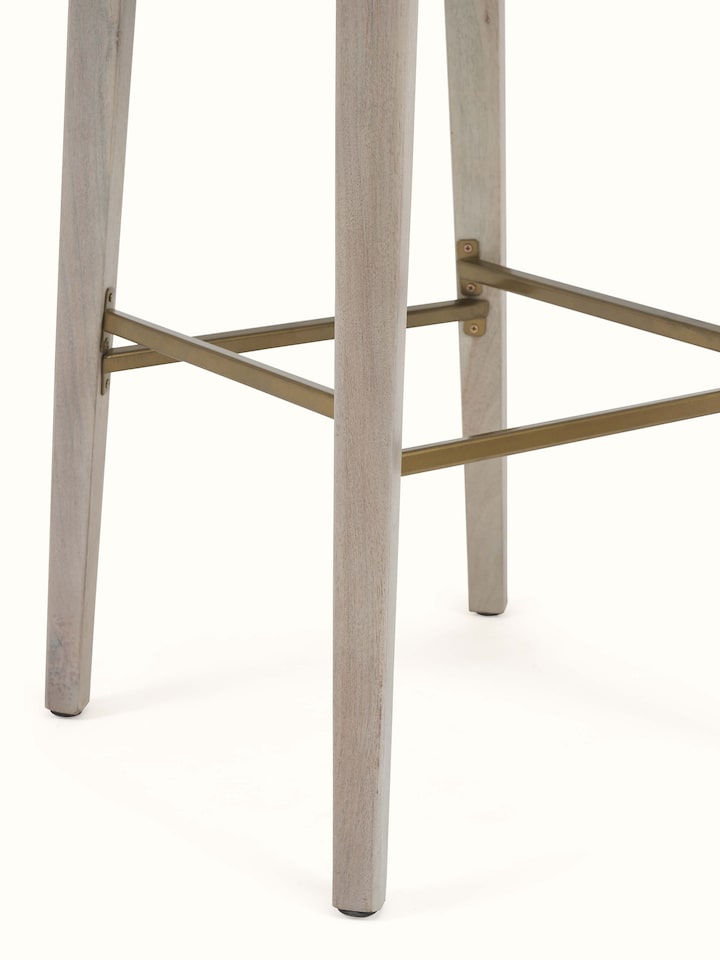 Back view highlighting the upholstery and solid acacia wood structure.