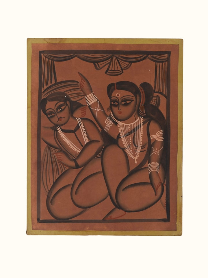 Front view of babu bibi kalighat painting traditional indian folk art