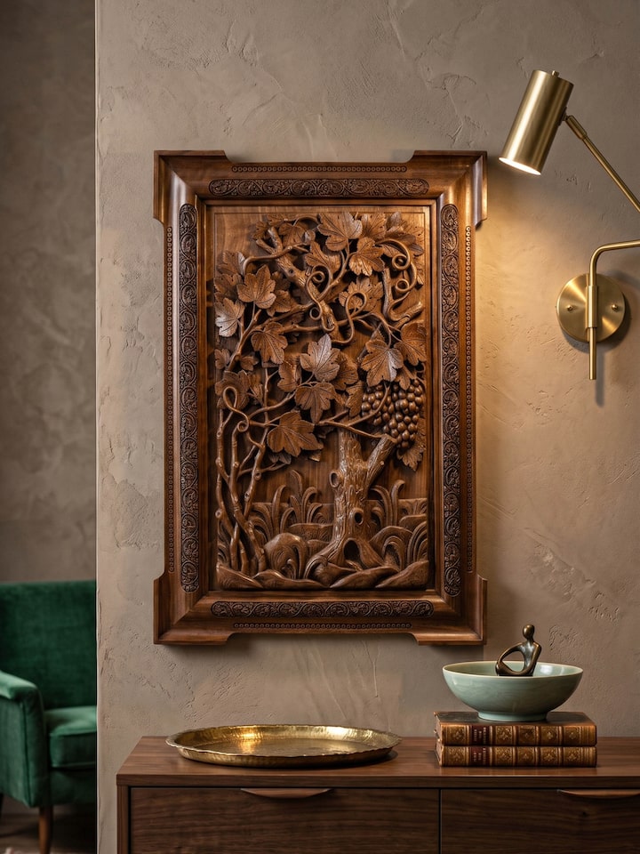 Styled view of Angoor e Chinar Walnut Wood Wall Hanging displayed against a styled backdrop