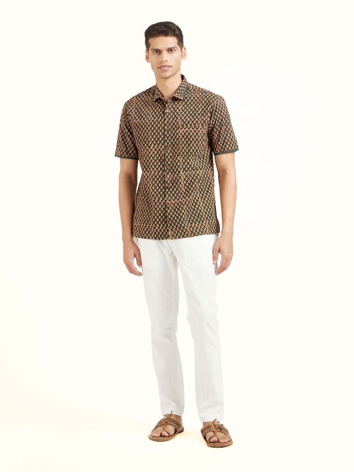 Front view of teal fadad hand block print pure cotton shirt showcasing handcrafted prints
