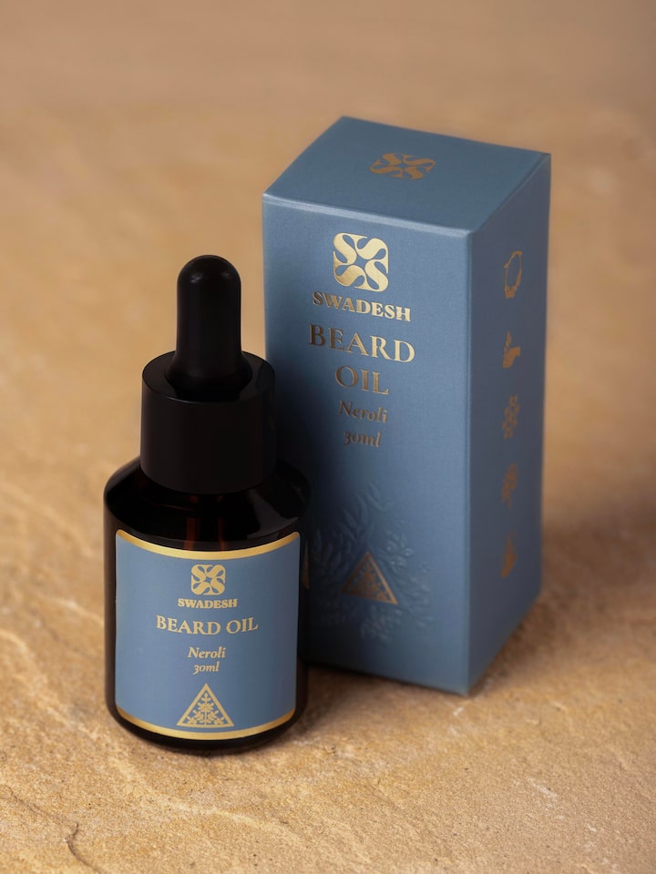 Side view of Beard Oil Neroli bottle displaying detailed label and product details