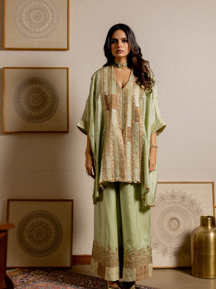 Front view of the Mint Green Silk Hand Embroidered Patchwork Co-ord Set (2 Pcs)