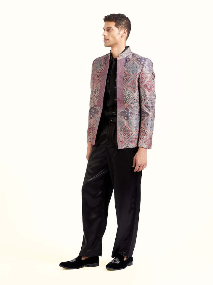 Side view of indigo silk ajrakh block printed jacket with structured fit