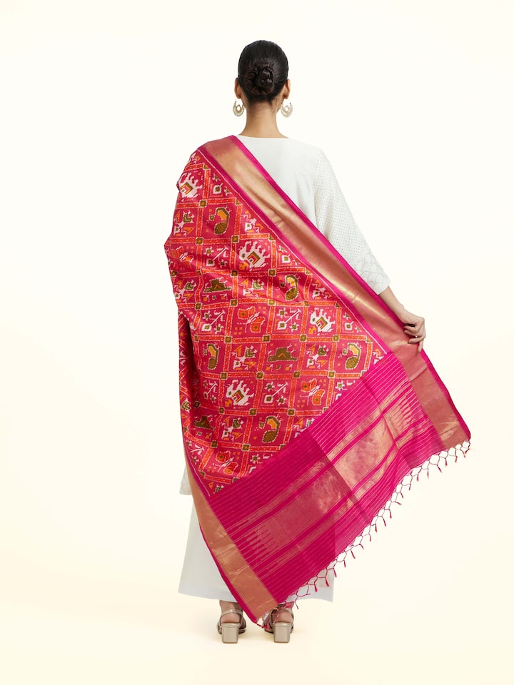 Back view of the Red Silk Pochampally Weft Ikat Dupatta