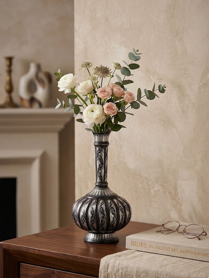 Styled view of Bidri Zinc & Silver Small Vase styled in a home setting