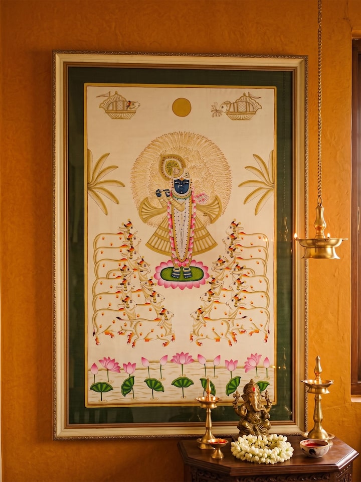 Styled view of Shrinathji Gopashtami Pichwai Painting displayed against a styled backdrop