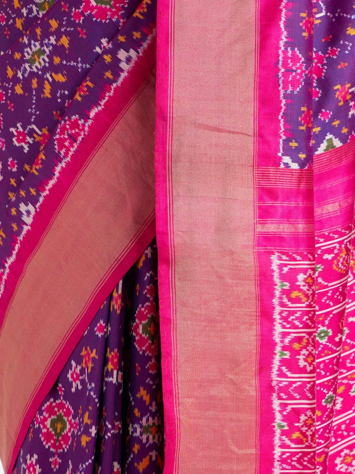 back view of blue weft ikat silk saree