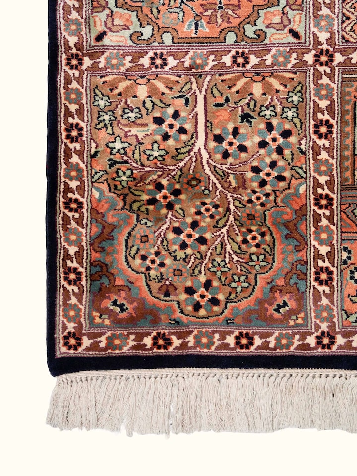 Detail view of Traditional Persian Grey Hamadan Kashmir Silk Hand-Knotted Carpet highlighting the intricate pattern and pile texture